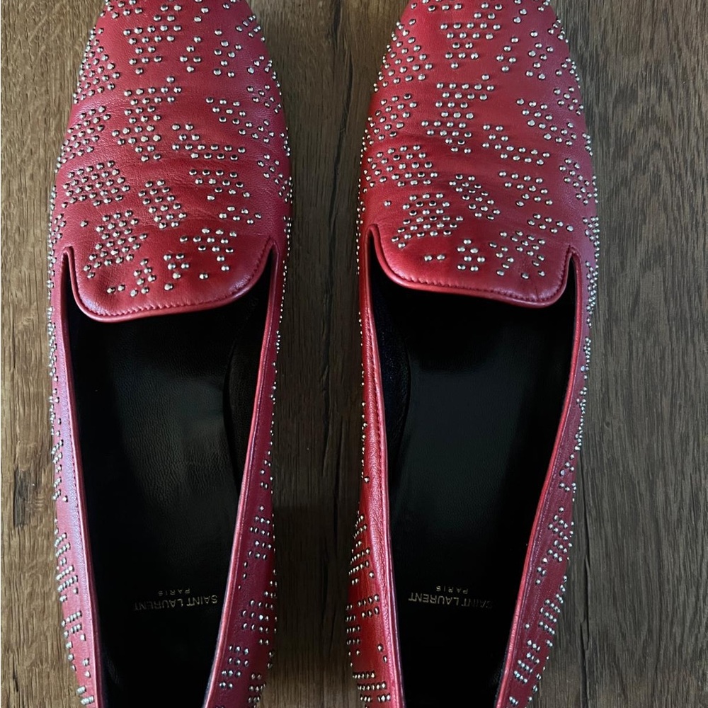 Saint Laurent Red Studded Leather Loafers